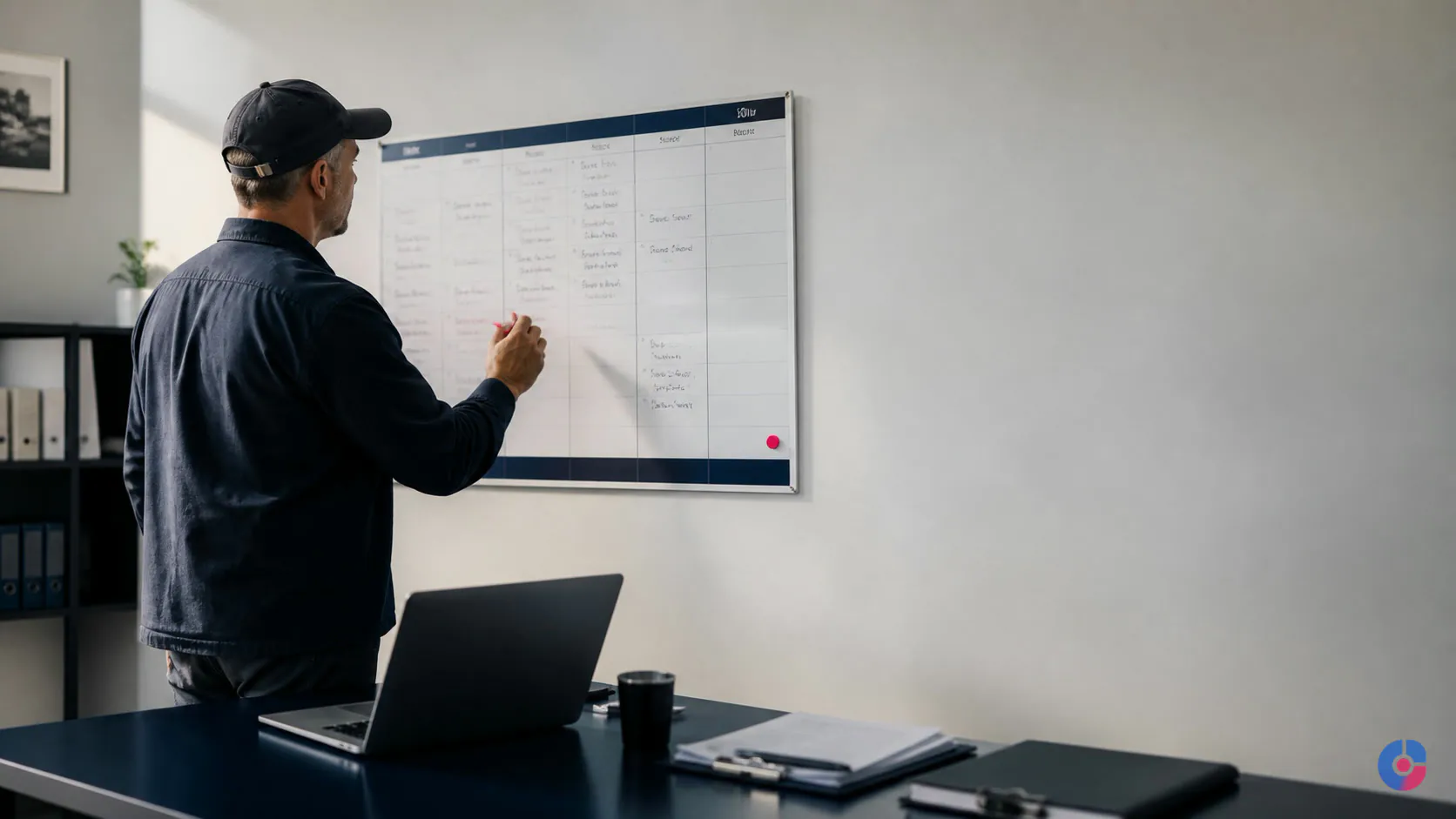 Service business owner reviewing weekly job schedule before delegating admin offshore
