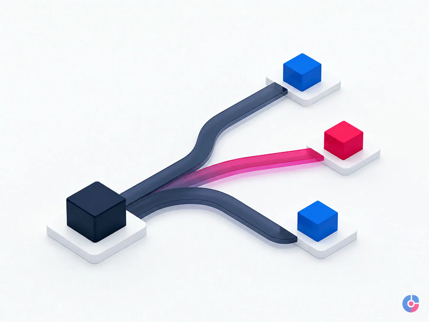 Isometric render of three offshore engagement structures branching from one decision