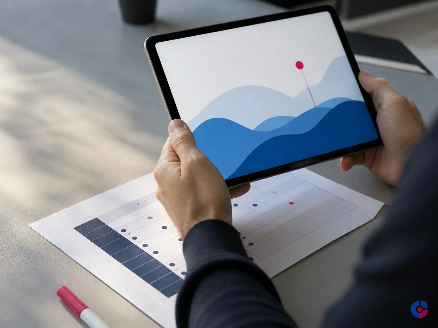 Hiring manager reviewing a candidate work sample against a scoring sheet