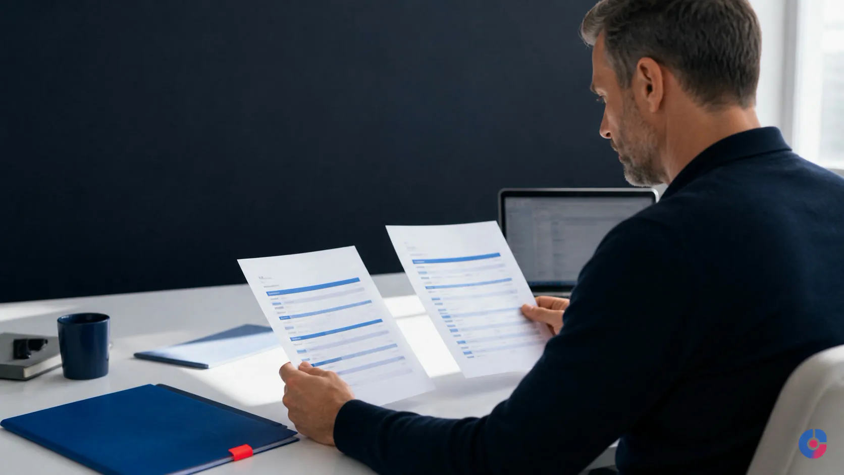 Manager comparing offshore staffing and freelancer options at a desk