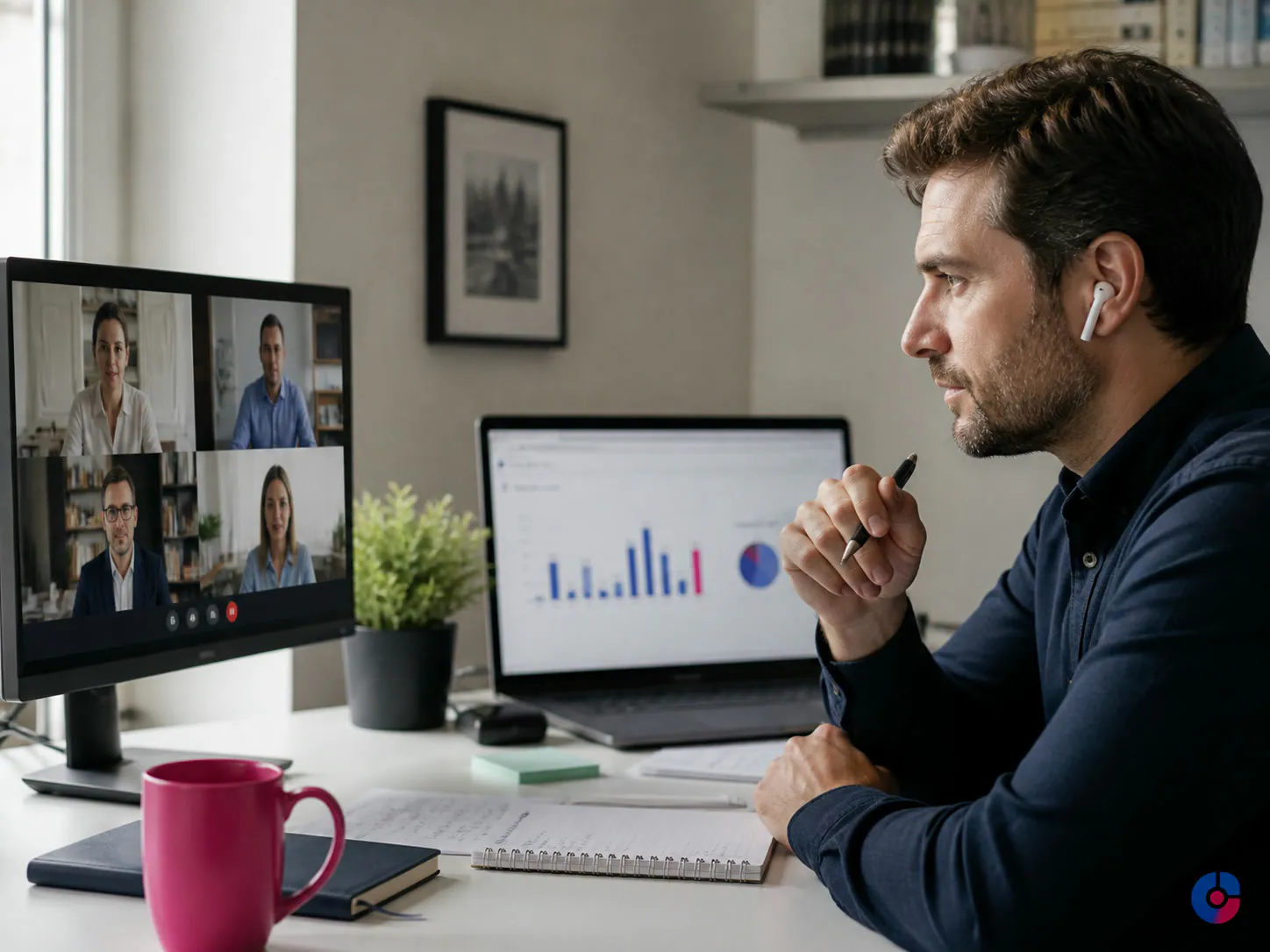 Offshore support colleague working at a remote desk on a client video call