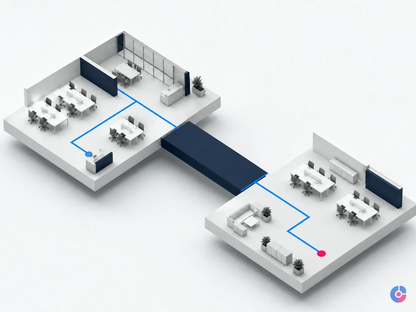 Isometric concept of two offices linked by a handover bridge across time zones