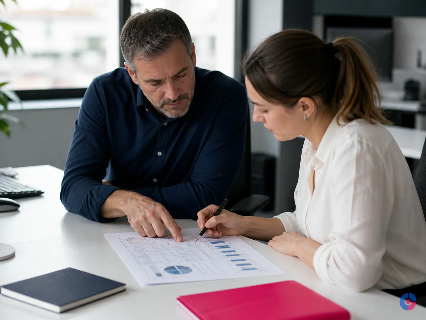 Supervisor and remote team member reviewing a printed performance summary together