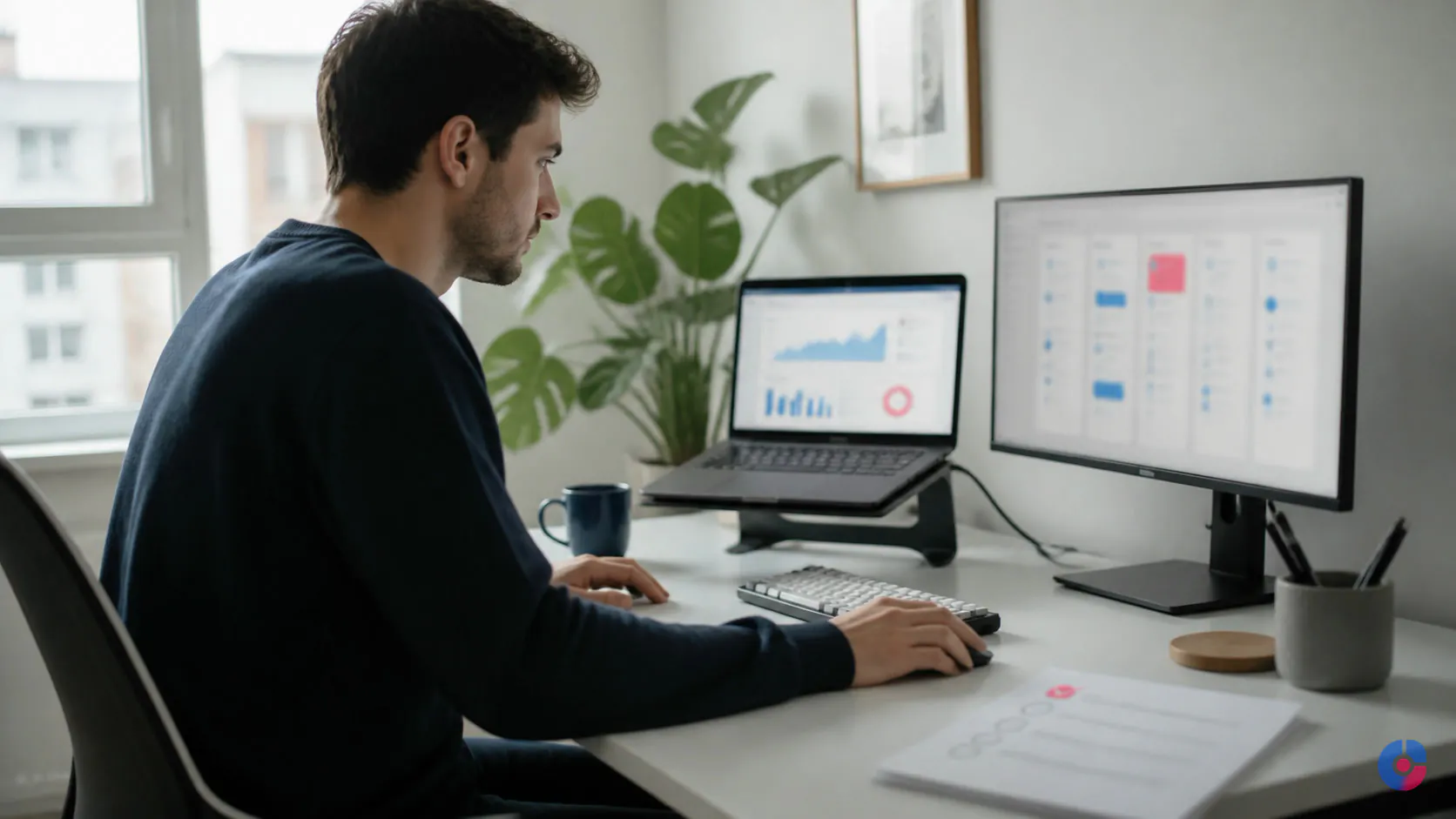 Remote employee working through a printed onboarding checklist at a home desk