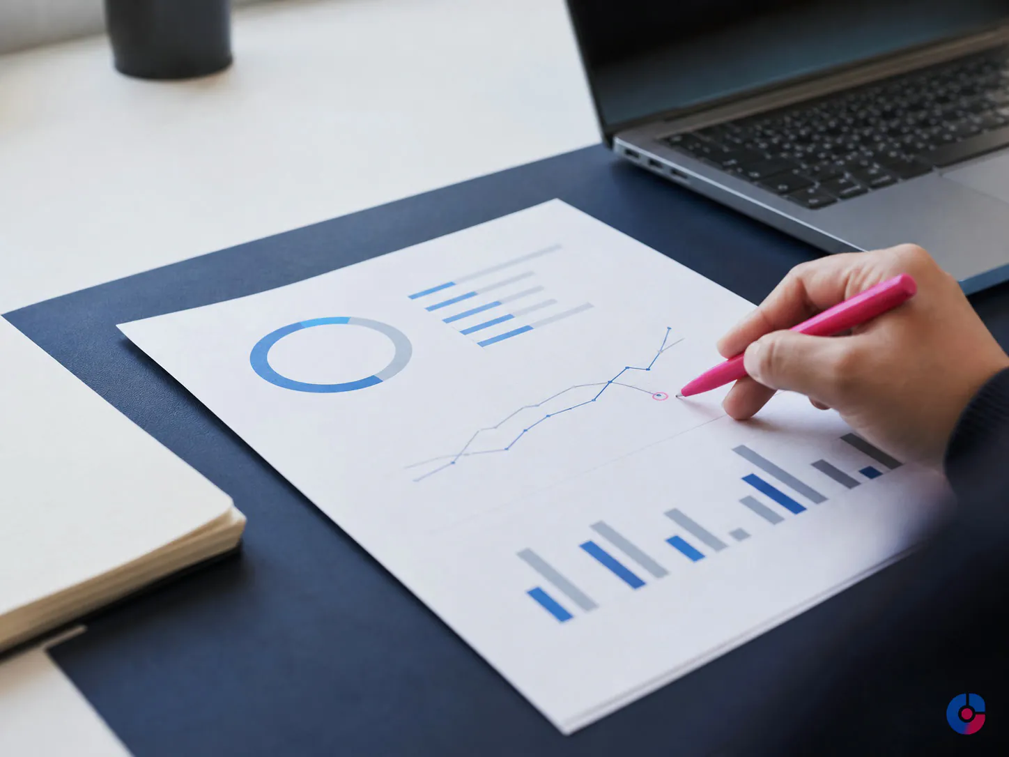 Hand annotating a short printed decision report on an office desk