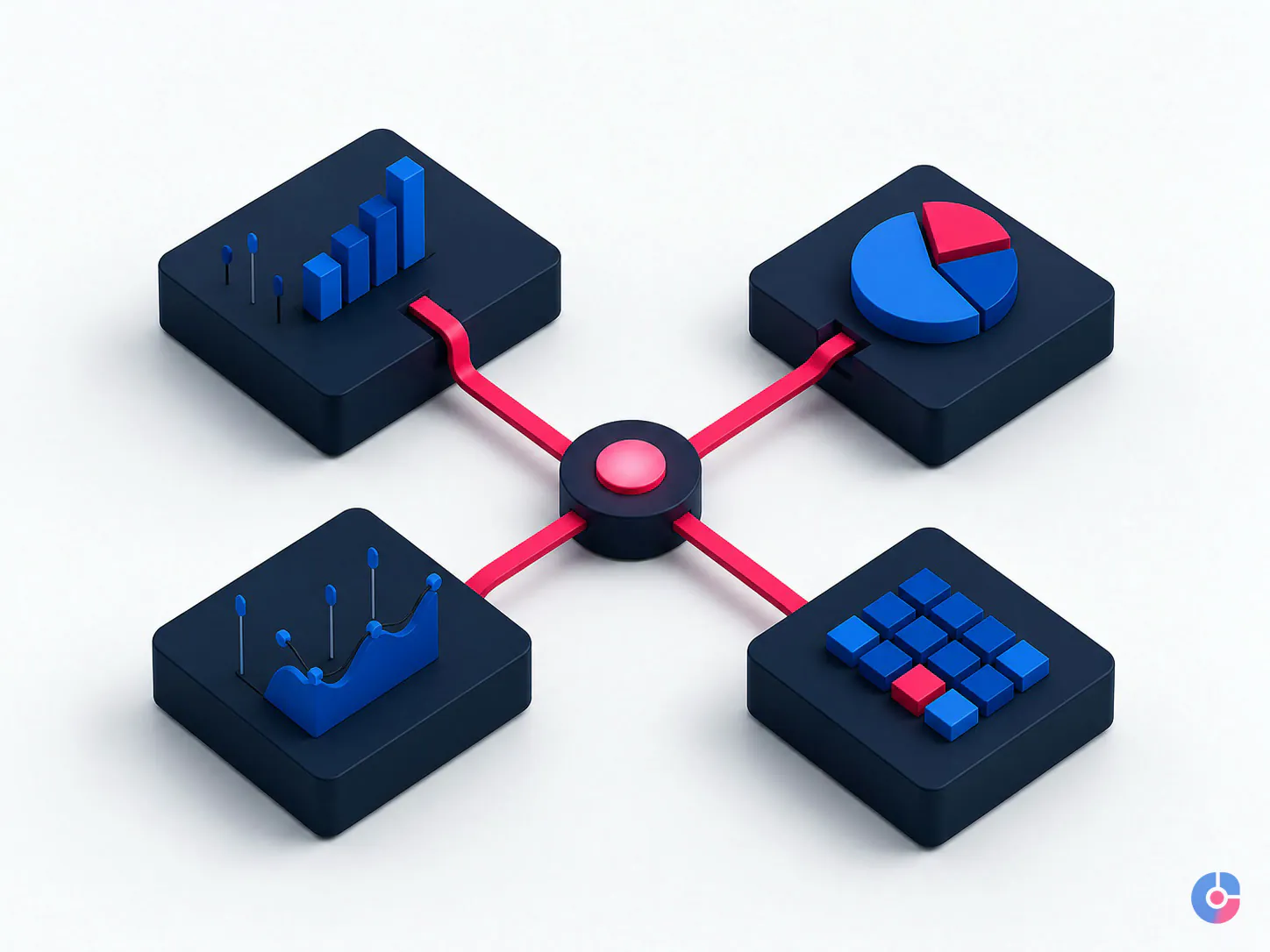 Isometric render showing four digital services connected through one central growth partner