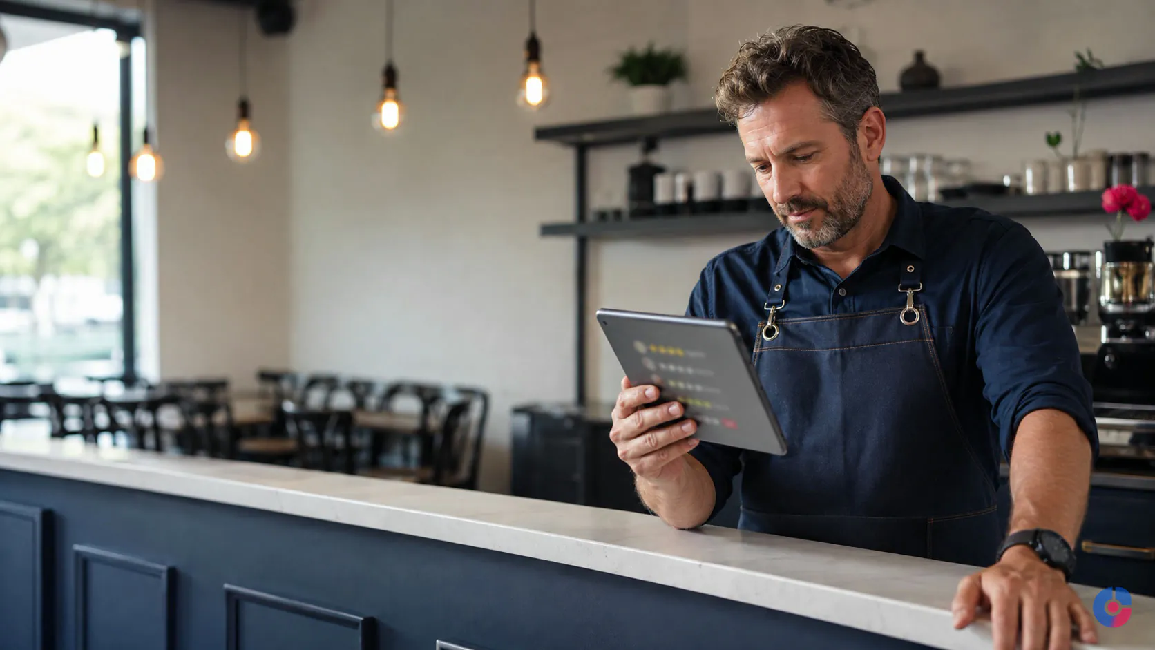 Business owner reading customer reviews on a tablet inside their premises