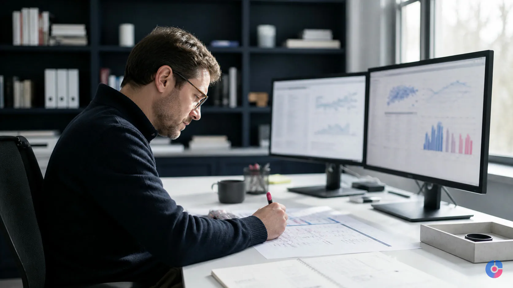 Research assistant comparing sources and annotating findings at a workstation