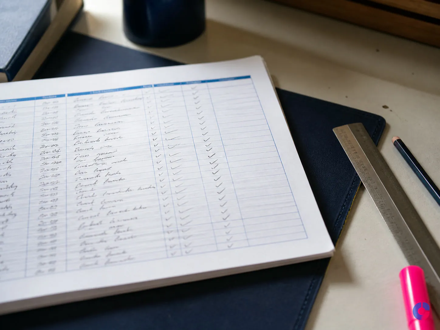 Handwritten source log recording dates and checks for a research project