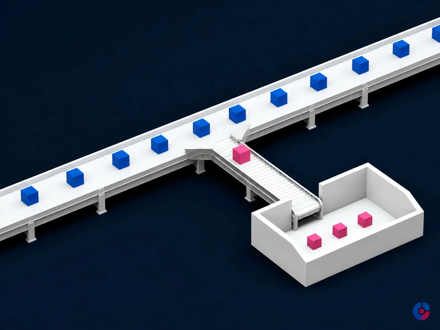 Isometric concept showing exception orders diverted from the main processing flow