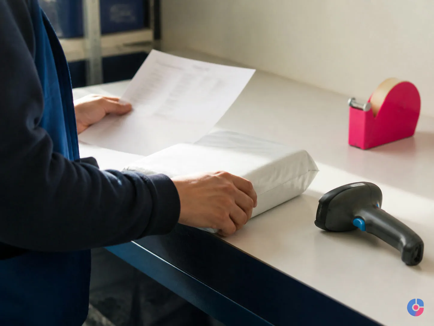Hands checking an order against a parcel before dispatch cutoff
