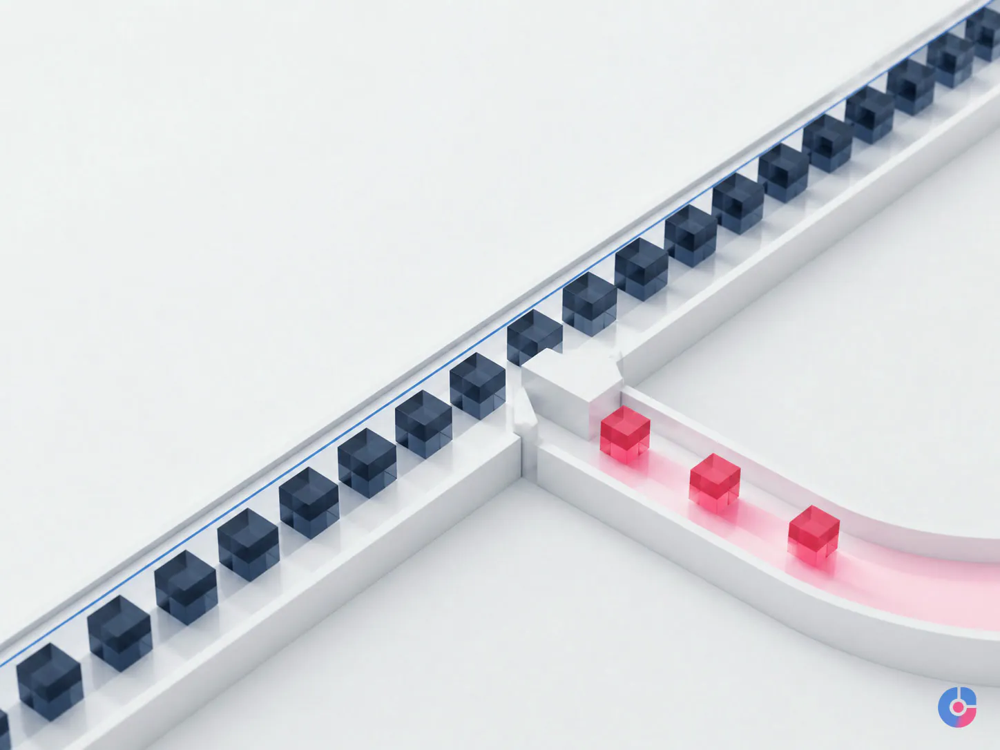 Isometric render of orders diverting into an exception queue for clearance
