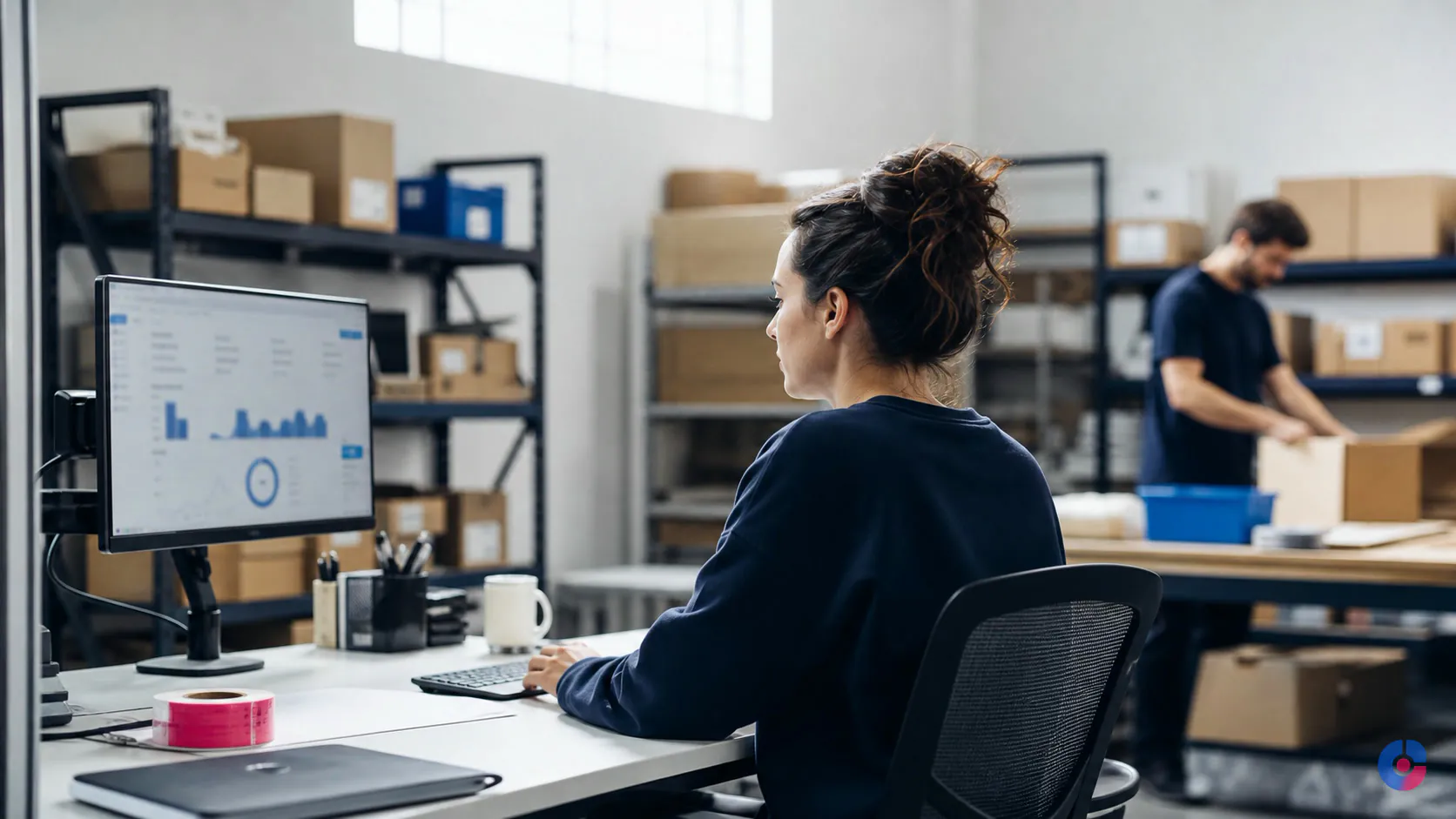 Order processing specialist clearing exceptions beside a parcel packing area