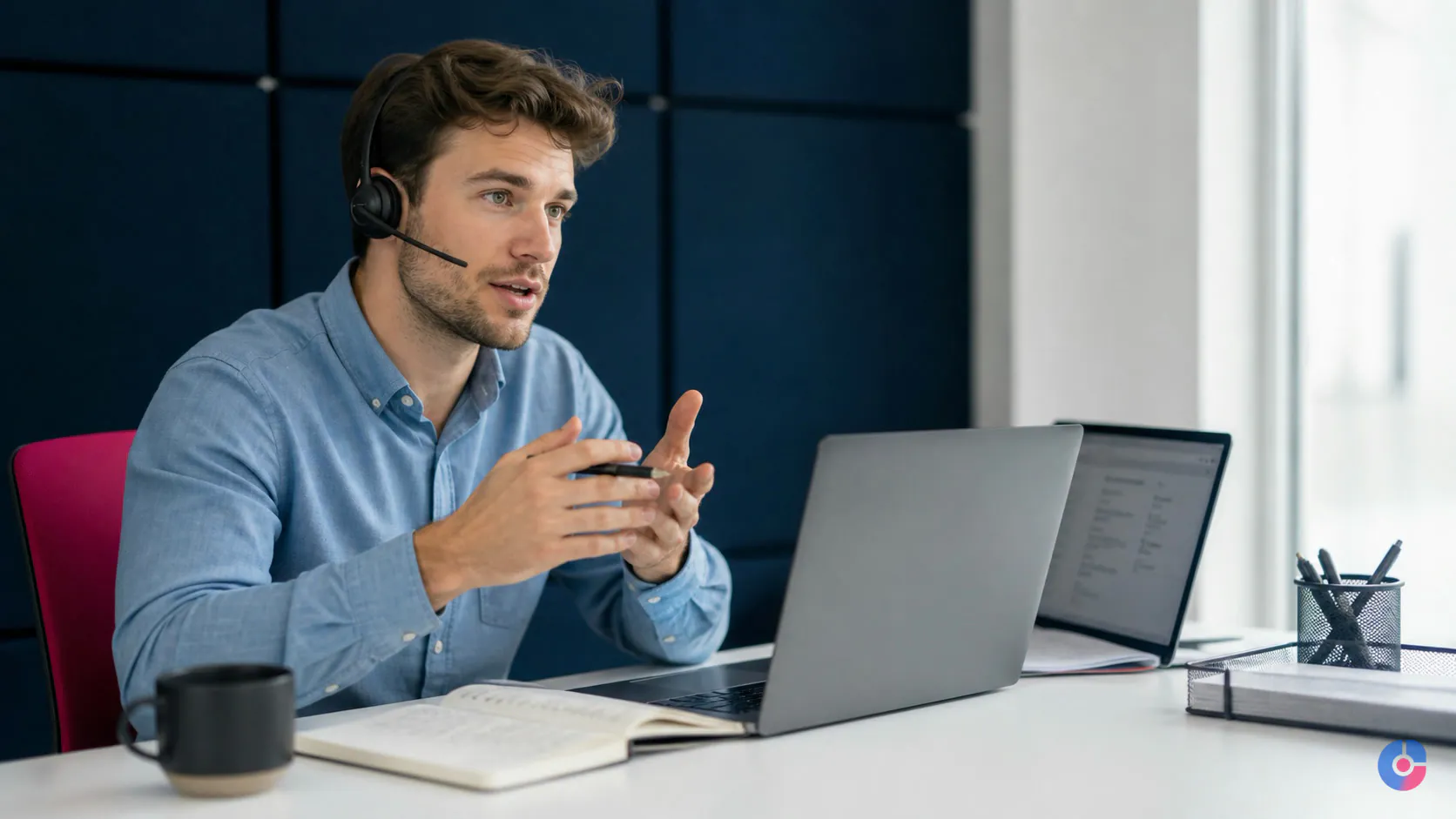 Outbound sales caller speaking with a prospect while reviewing CRM notes