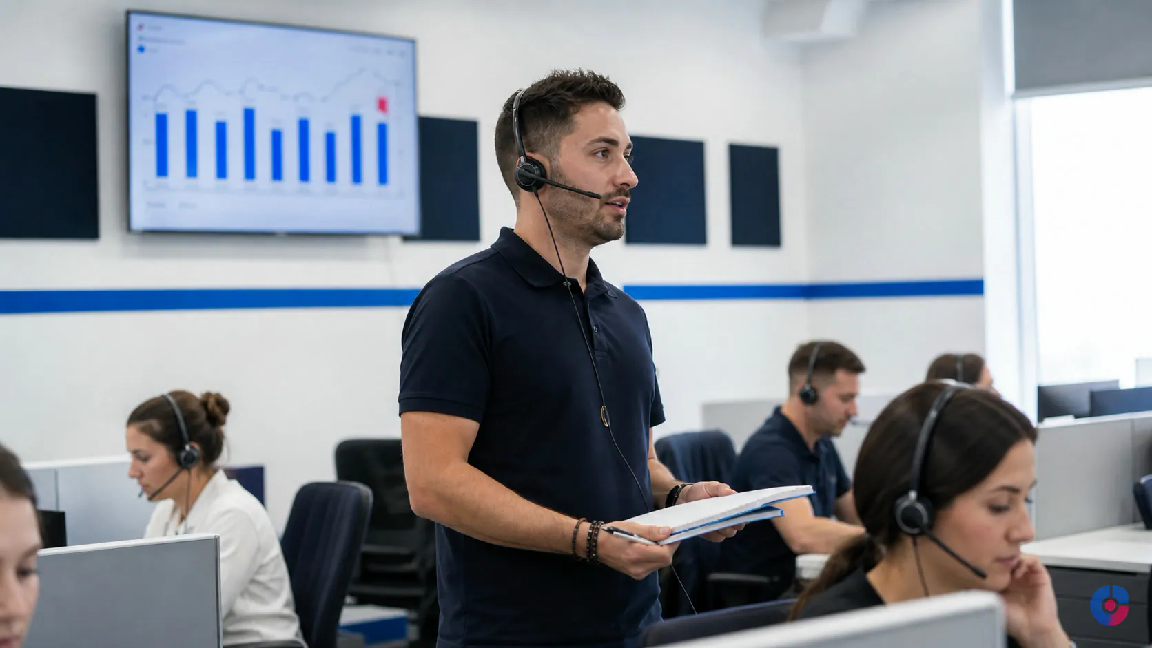 Outbound agent speaking with a prospect on a calling floor at mid morning