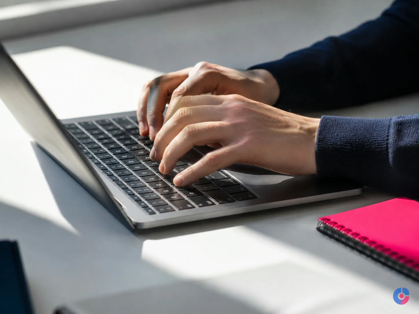 Hands writing a short personalised outbound sales email at a laptop