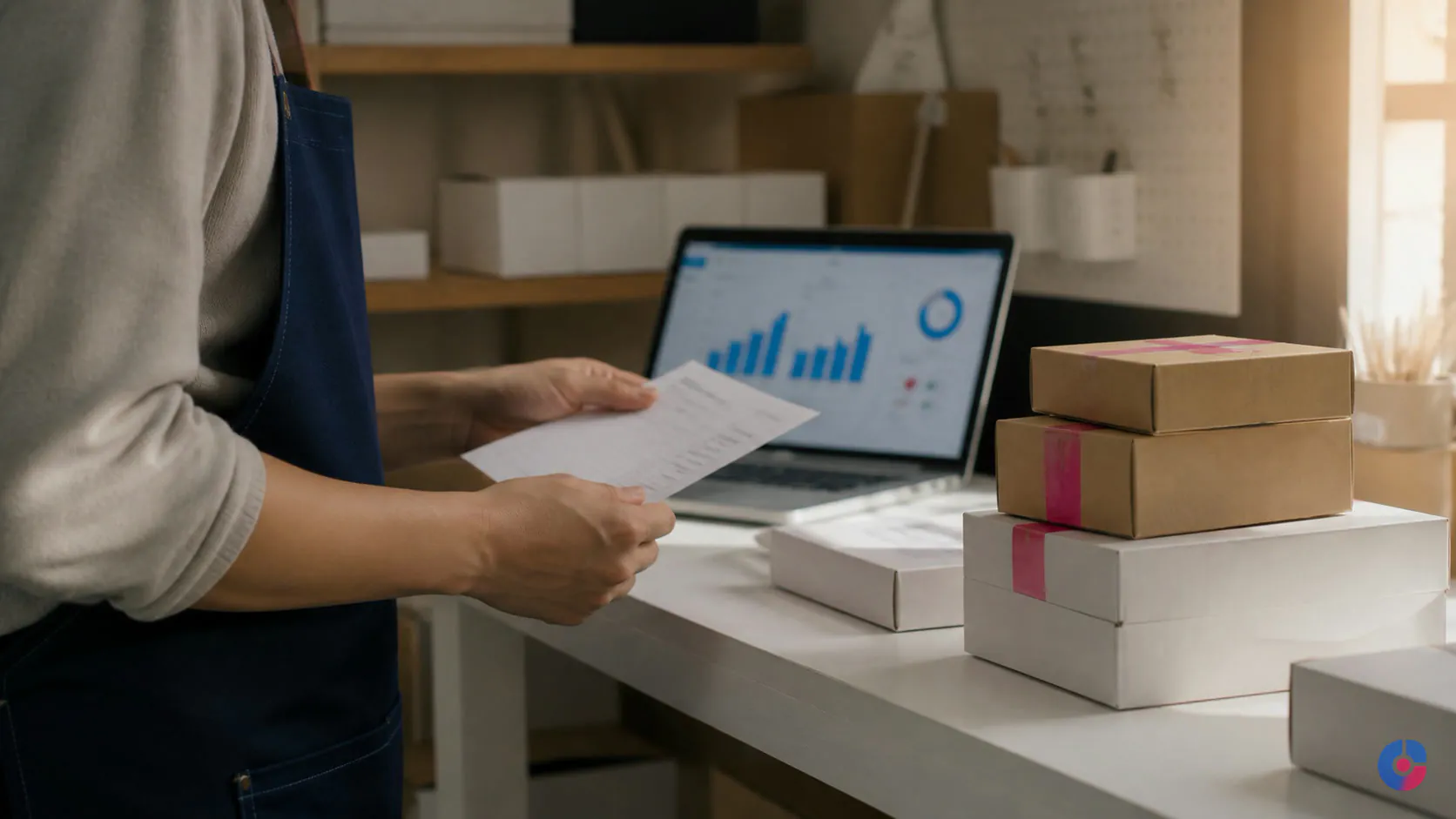 Hands checking a packing slip beside parcels in a small eCommerce operations workspace