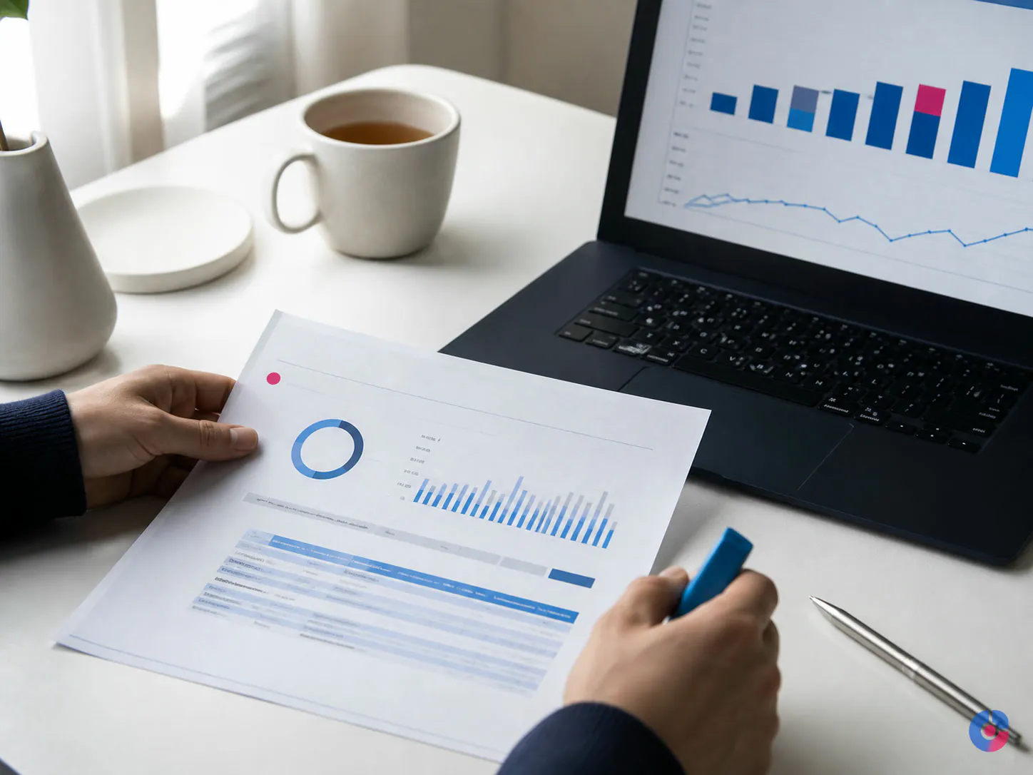 Manager reviewing a monthly property owner report alongside performance figures on a laptop