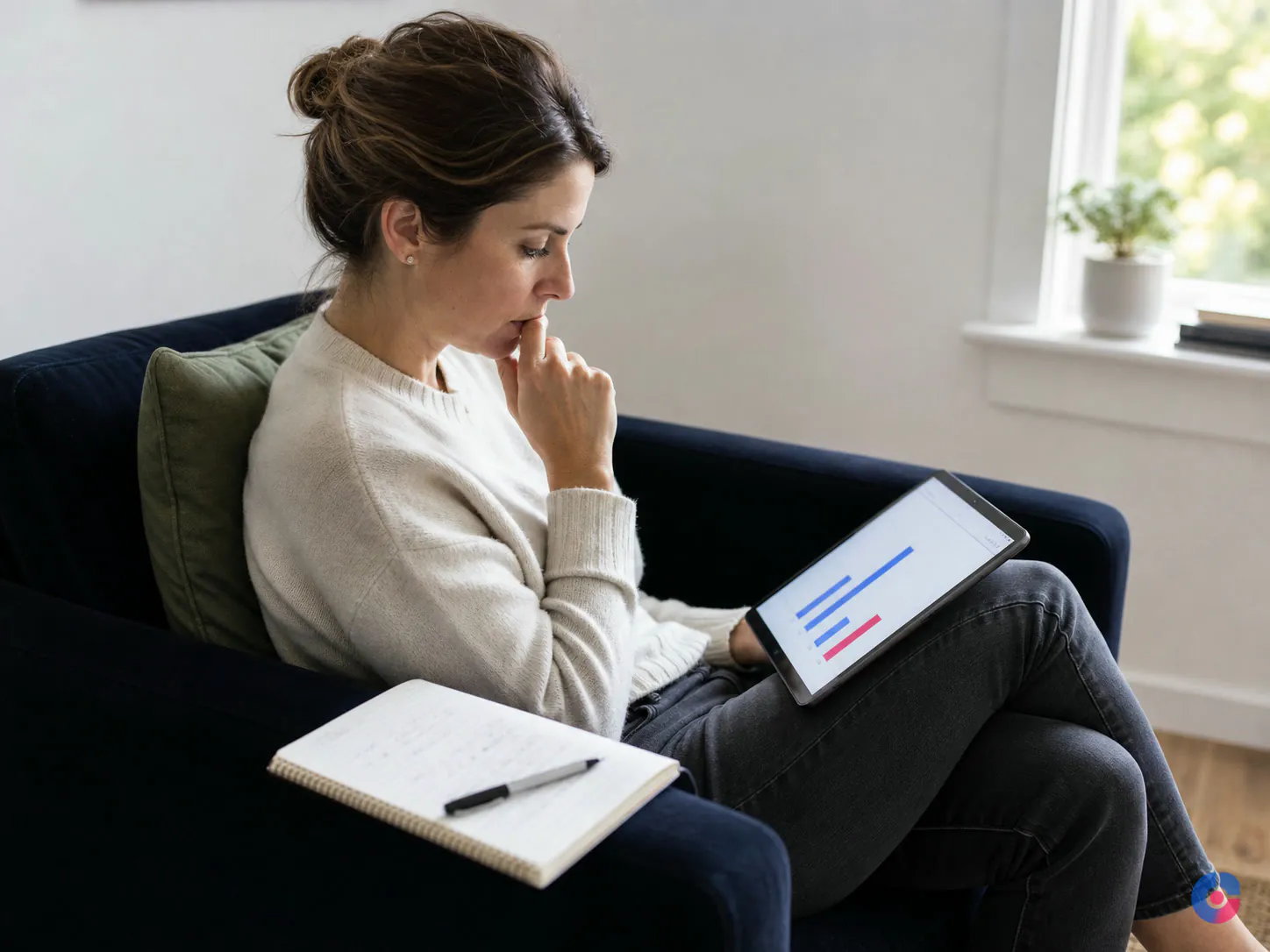 Patient researching treatment options on a tablet at home with handwritten notes