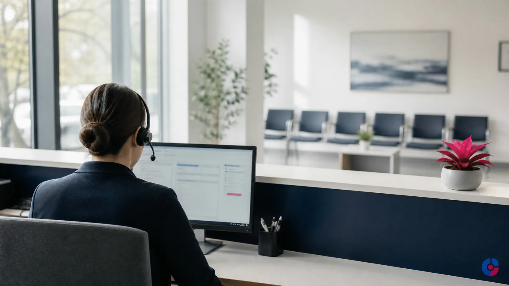 Scheduling coordinator managing clinic appointments from a reception workstation