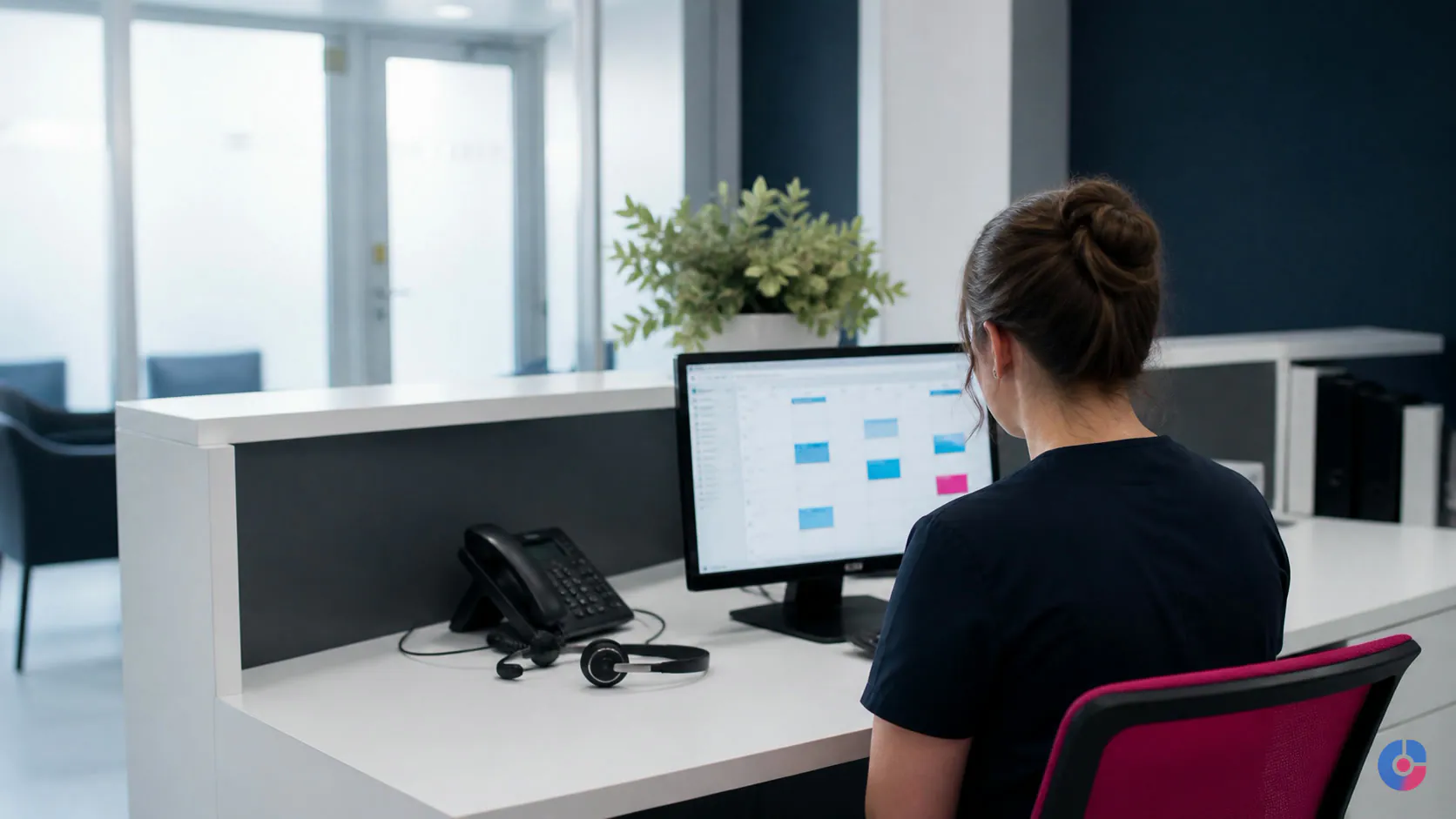 Scheduler managing a clinic appointment calendar at a medical office reception
