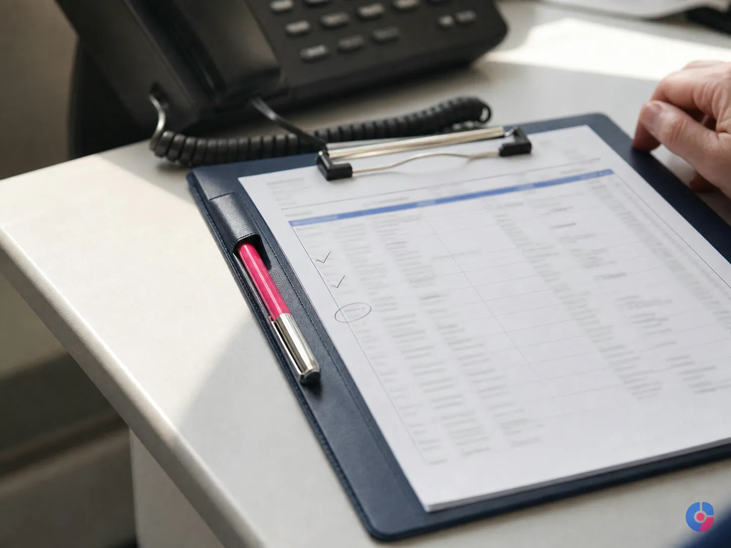 Clinic day list on a clipboard showing appointments confirmed and recalls worked