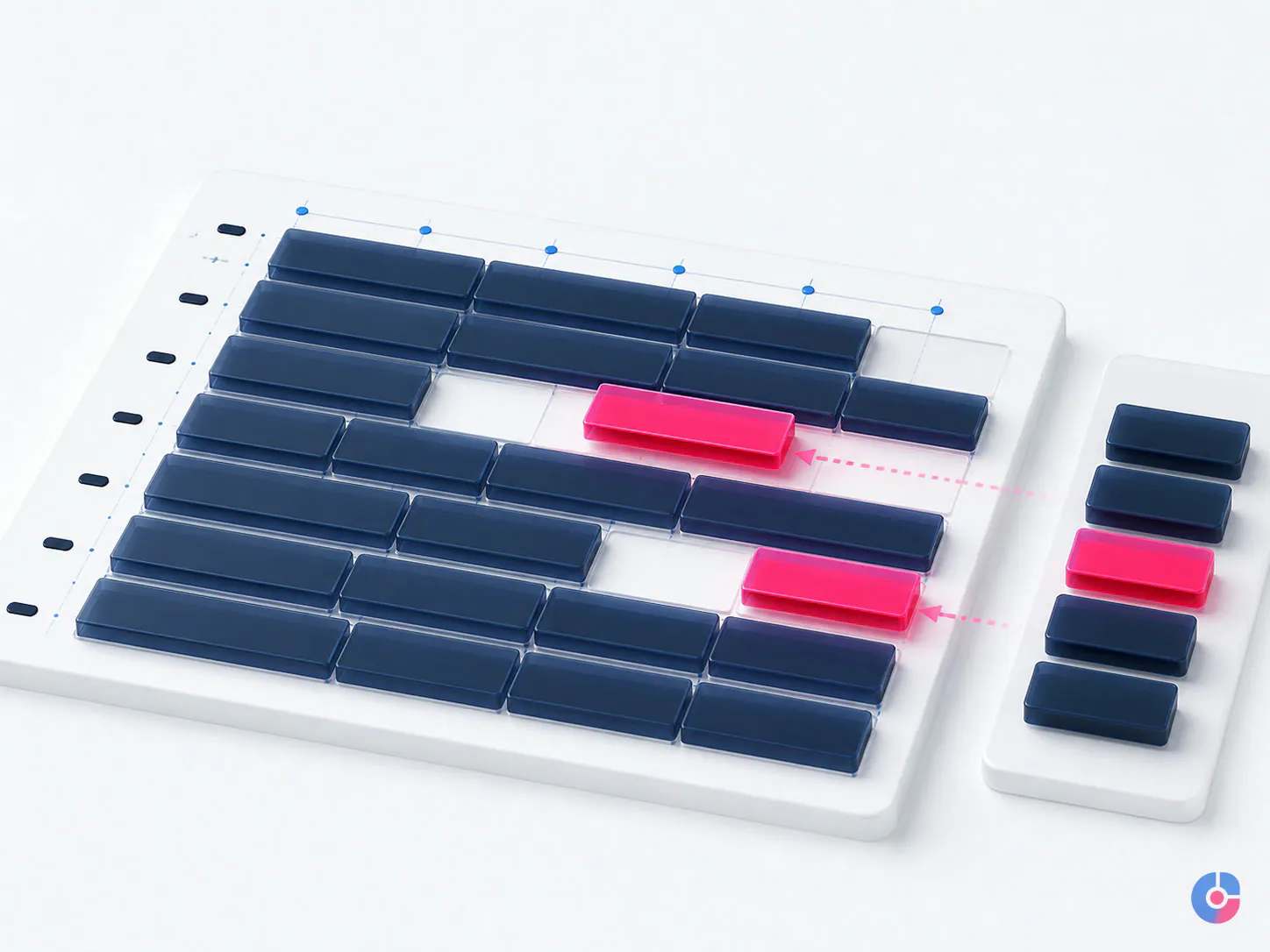 Isometric render of cancelled appointment slots being backfilled from a waitlist