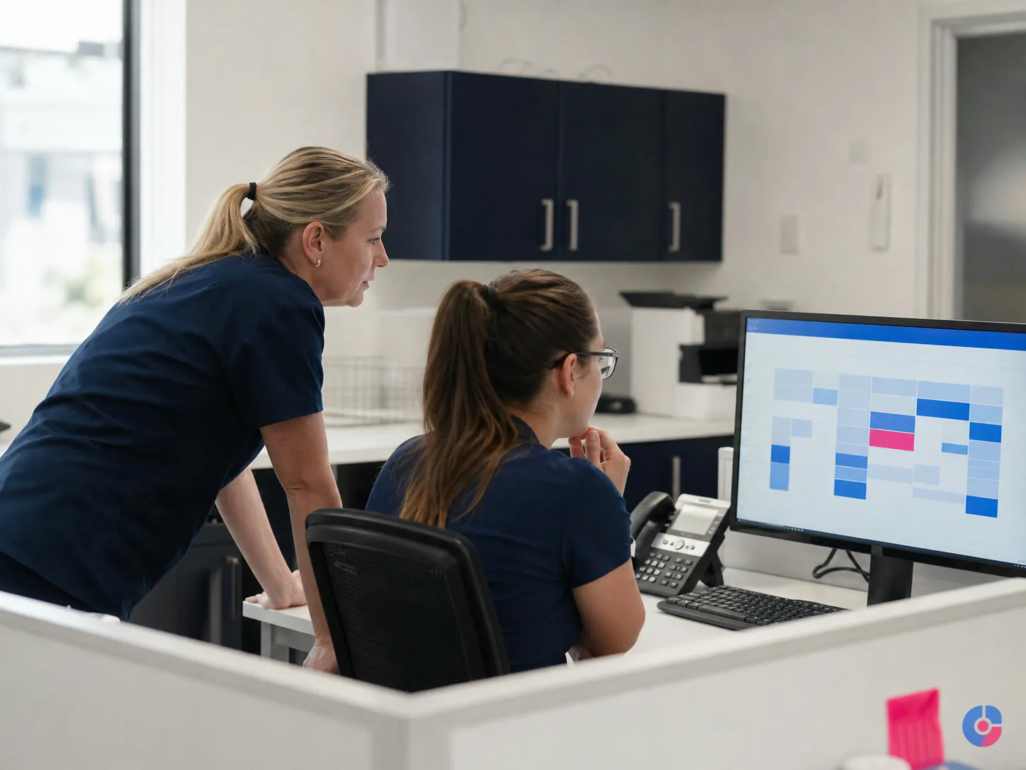 Practice manager reviewing clinic diary utilisation with a scheduling coordinator