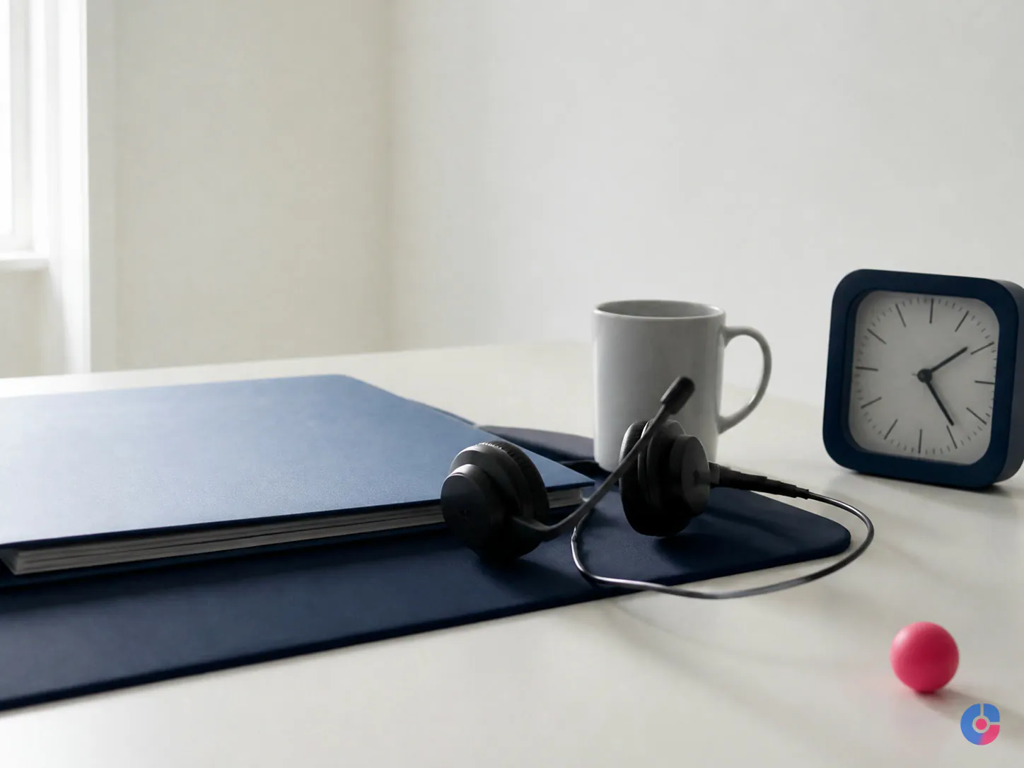 Desk still life with headset and clock suggesting long payer hold times for authorizations