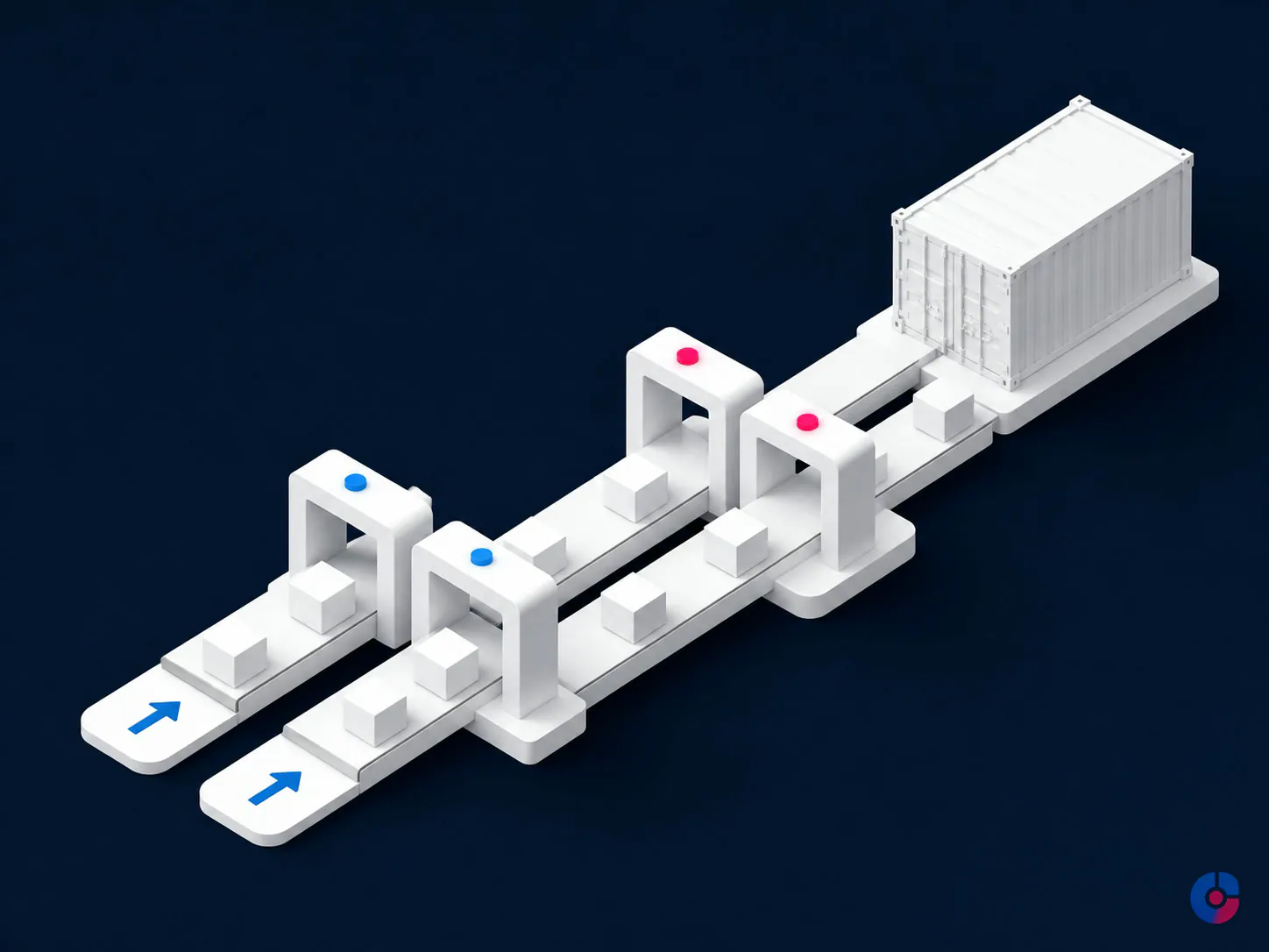 Isometric concept showing dual approval checkpoints in a payroll process
