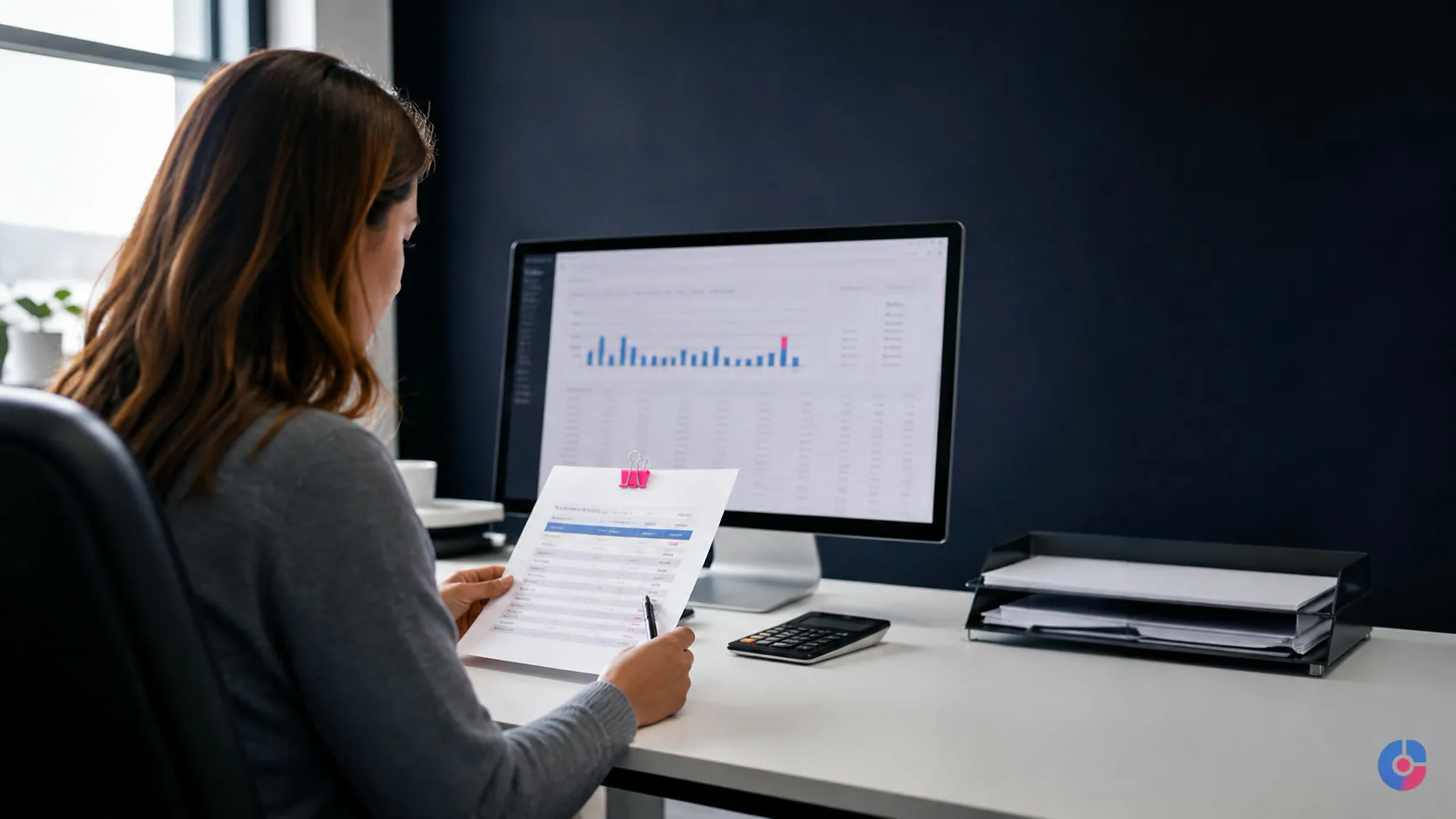 Finance administrator cross-checking a payroll summary before the pay run