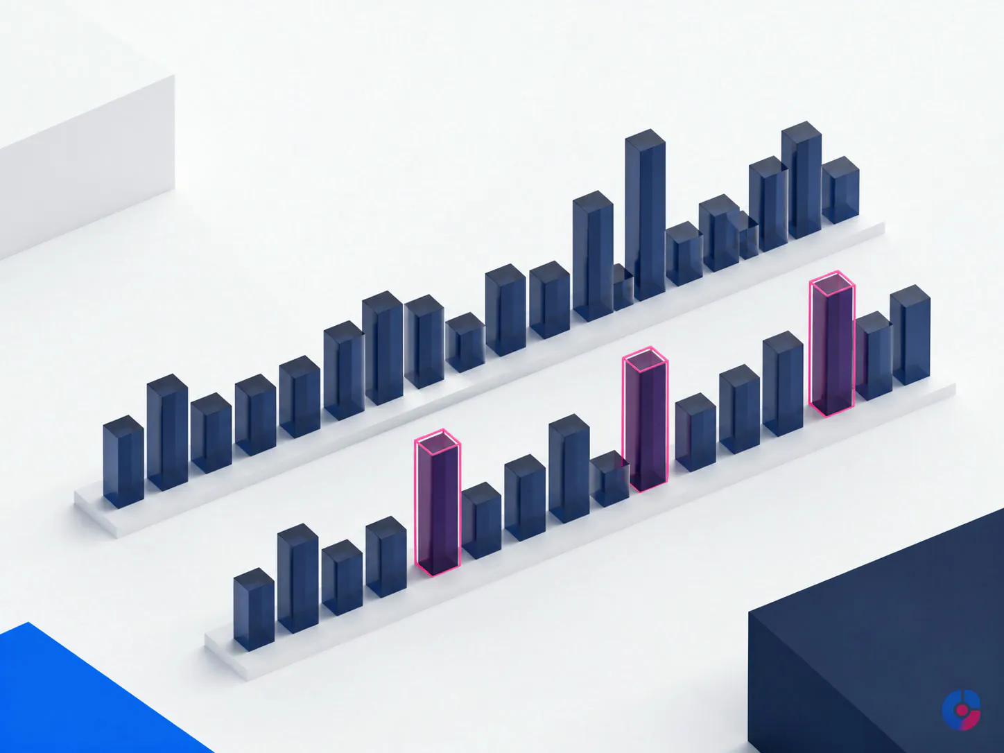Isometric render comparing two payroll periods to highlight flagged variances