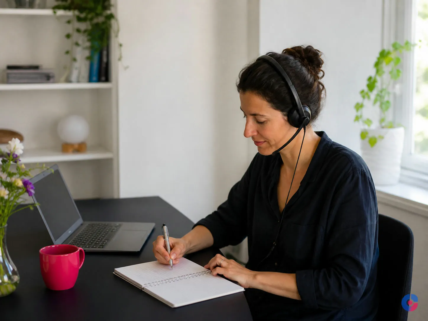 Remote personal assistant working from a preferences notebook at a quiet desk