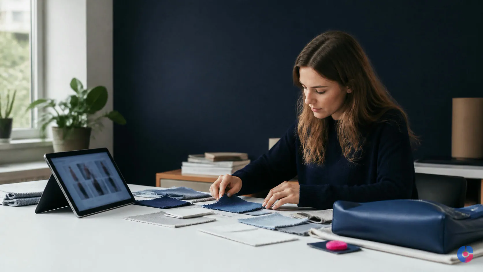 Designer arranging product styling props while planning Pinterest ads creative