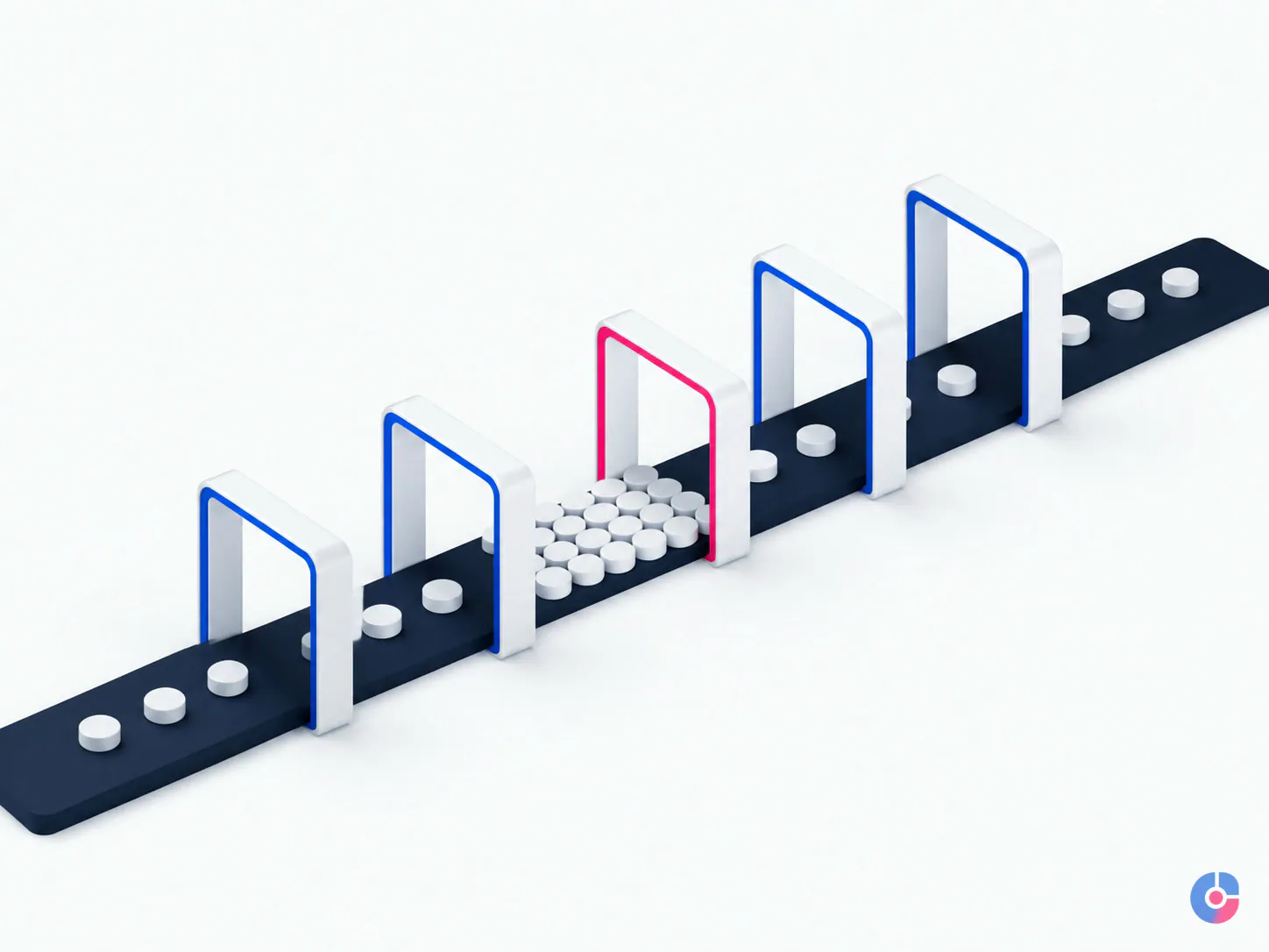 Isometric render of deals stalling before one stage gate in a sales pipeline
