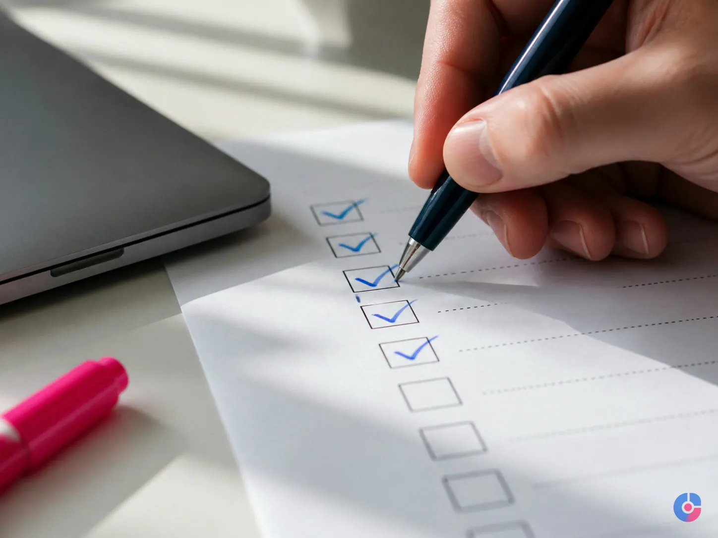Hand working through a pre-publish SEO checklist beside a laptop