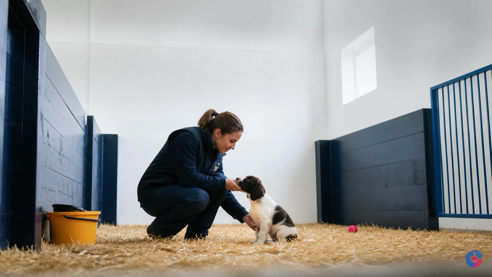 Breeder kneeling to greet a young dog inside a clean, well kept kennel building