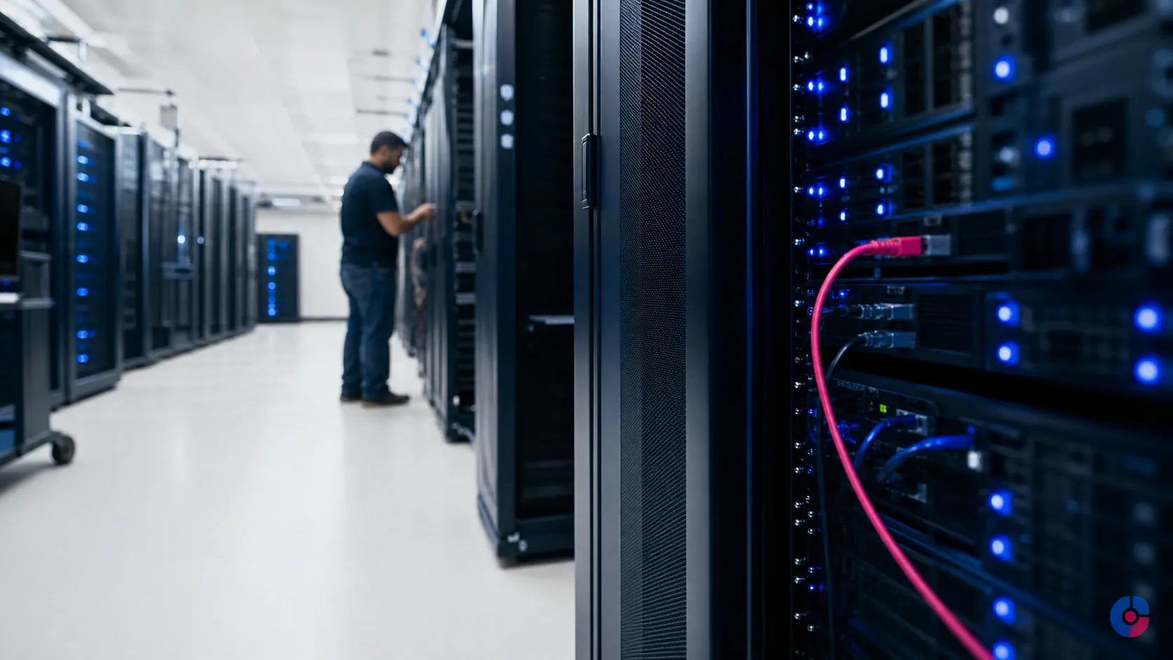 Technician checking equipment in a clean data centre aisle supporting managed hosting