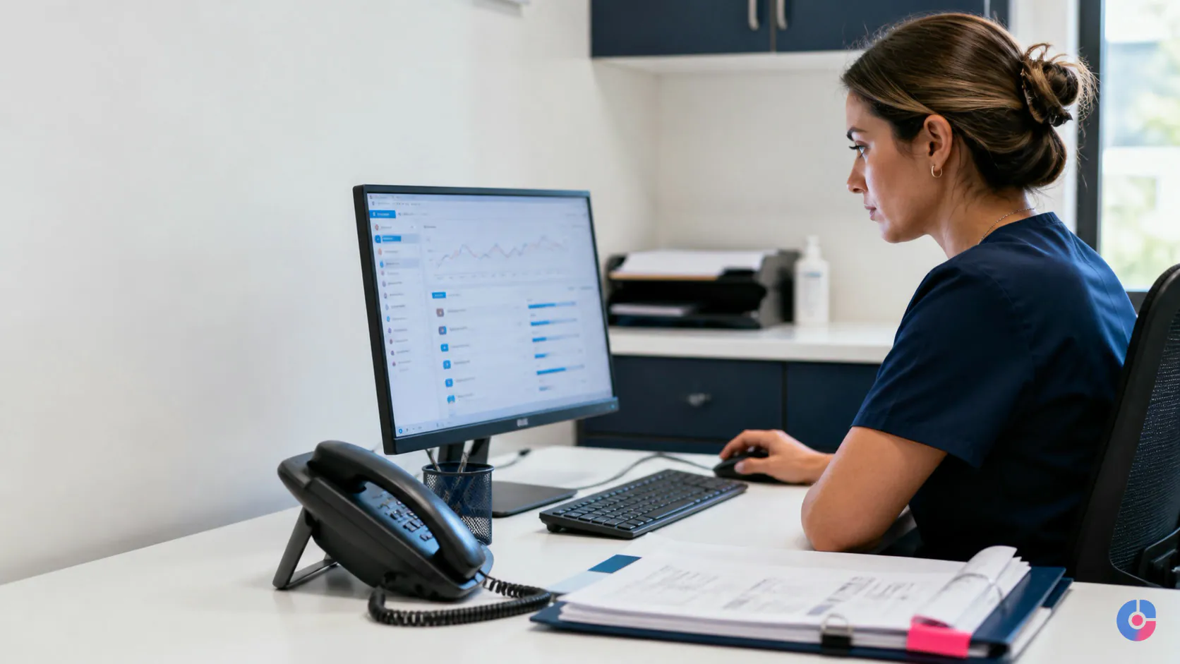 Clinic administrator working through a prior authorisation queue on screen