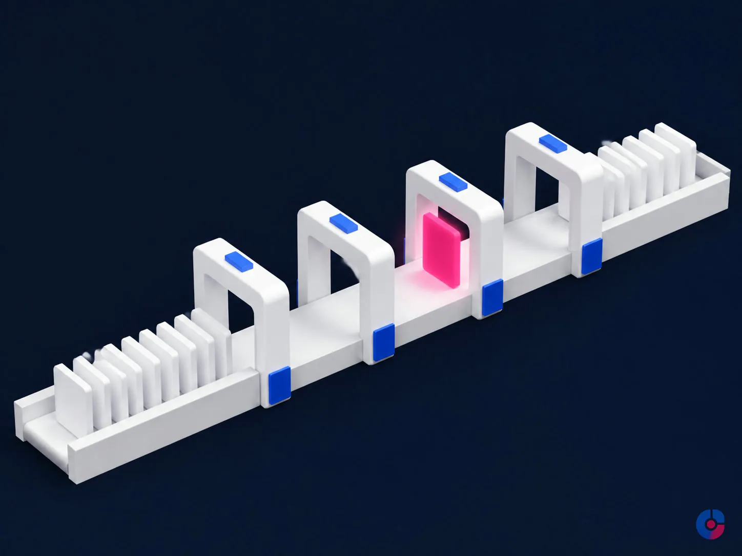 Isometric concept showing prior authorisation requests moving through workflow stages