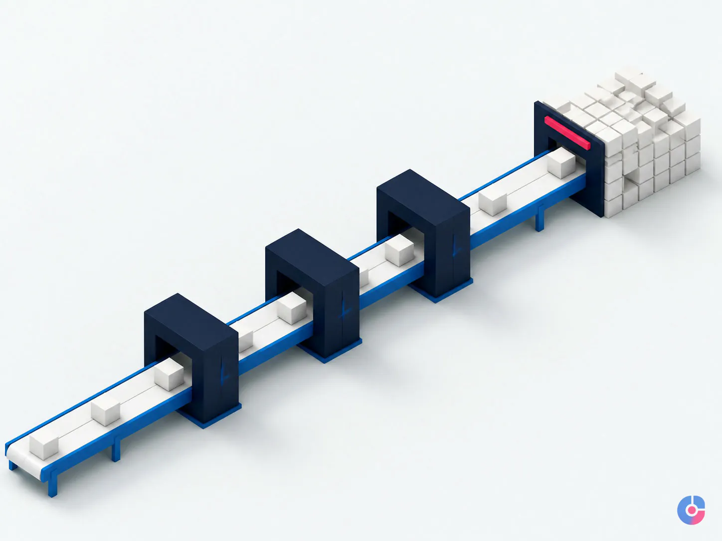 Isometric render showing work queuing at a bottleneck step in a business process