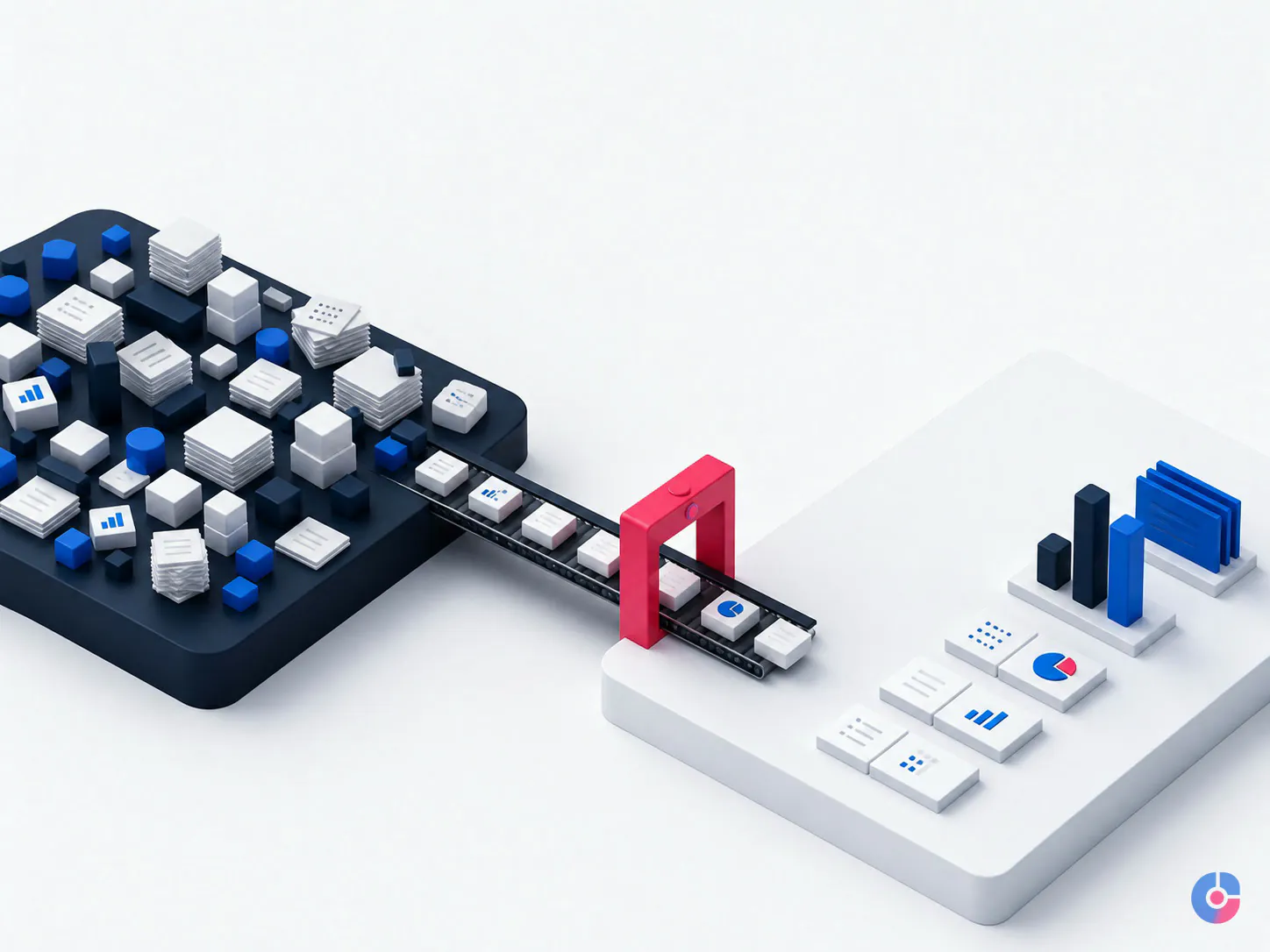 Isometric concept of work passing through a documentation gate before handover to a new team