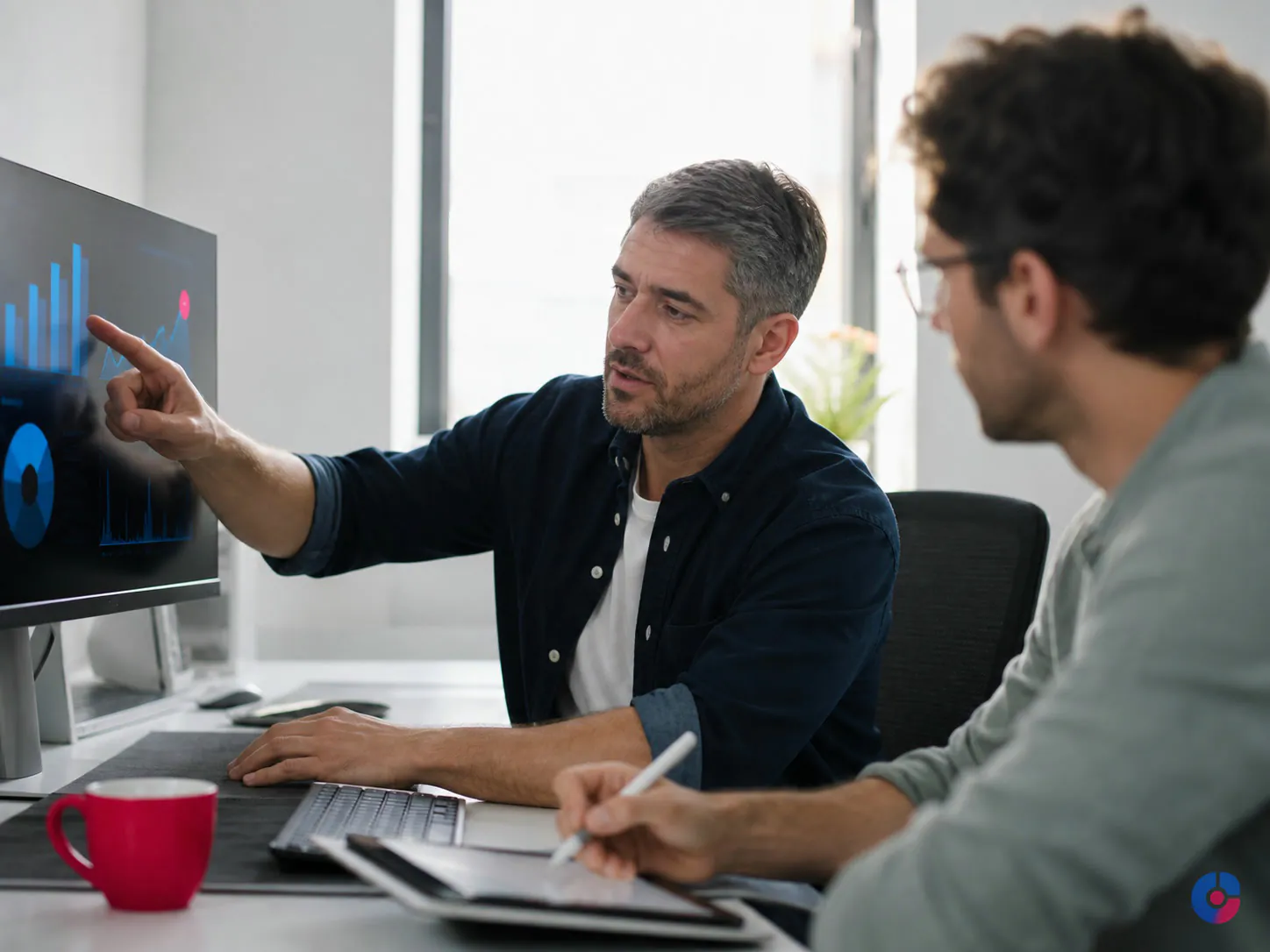Experienced staff member walking a new remote colleague through a documented process