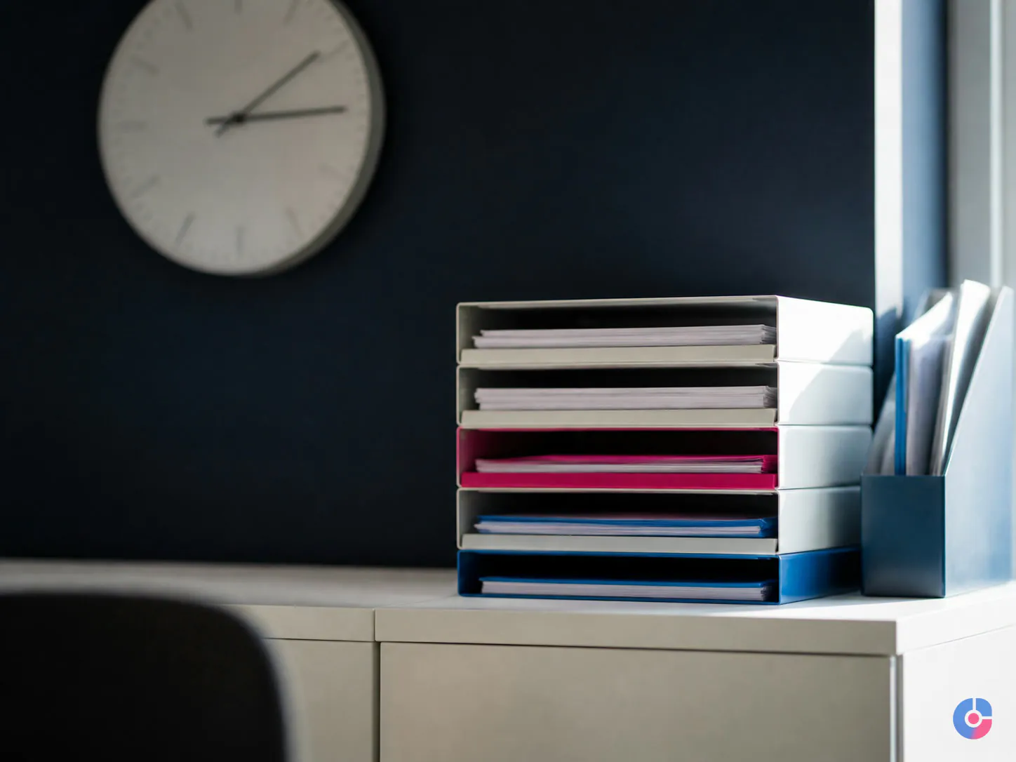 Document trays and a clock representing daily cut-off times in data processing