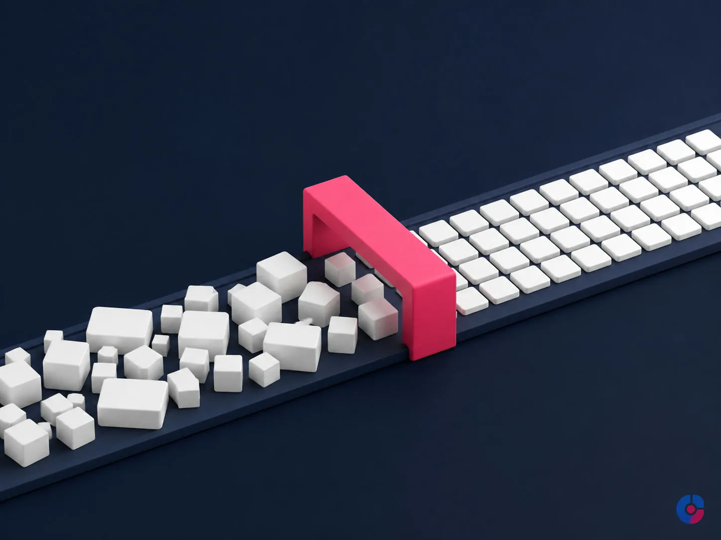 Isometric concept showing inconsistent product data standardised into uniform records