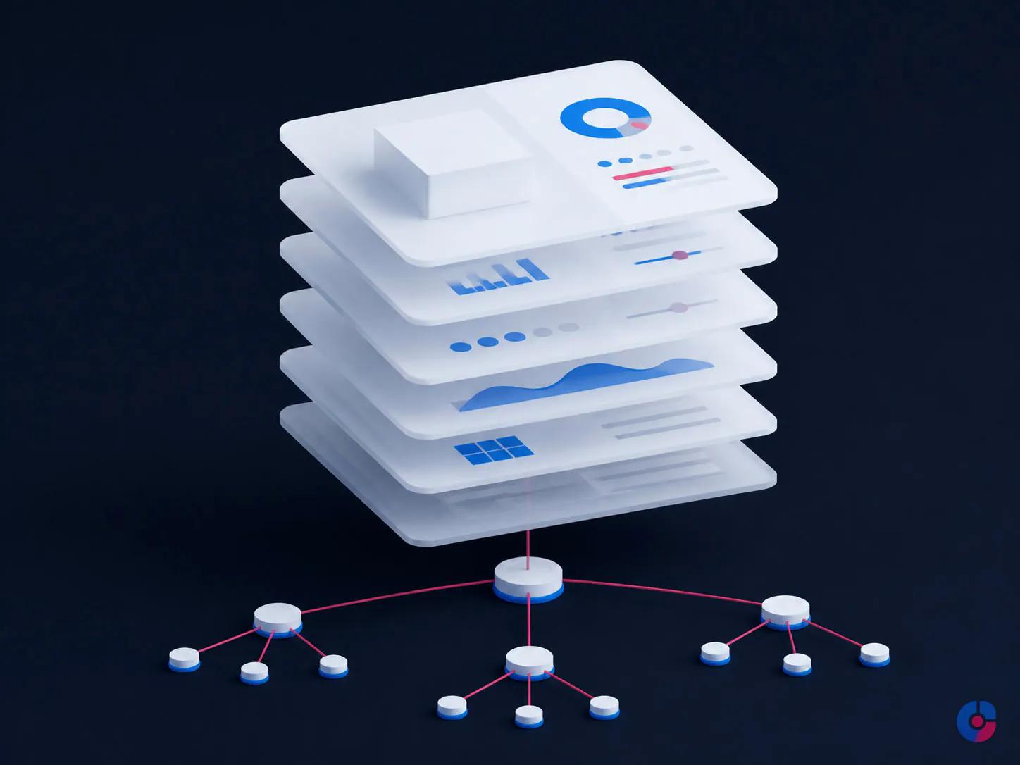 Abstract render of layered product attributes linked to parent and variant nodes