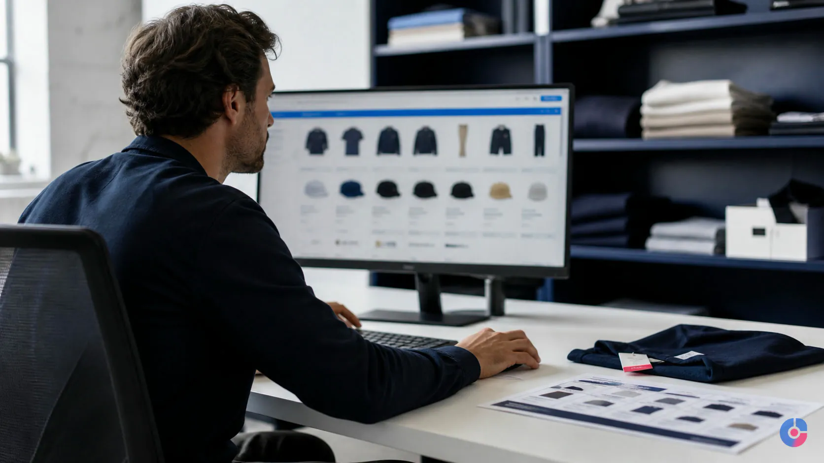 Merchandiser checking product samples against catalogue data on screen
