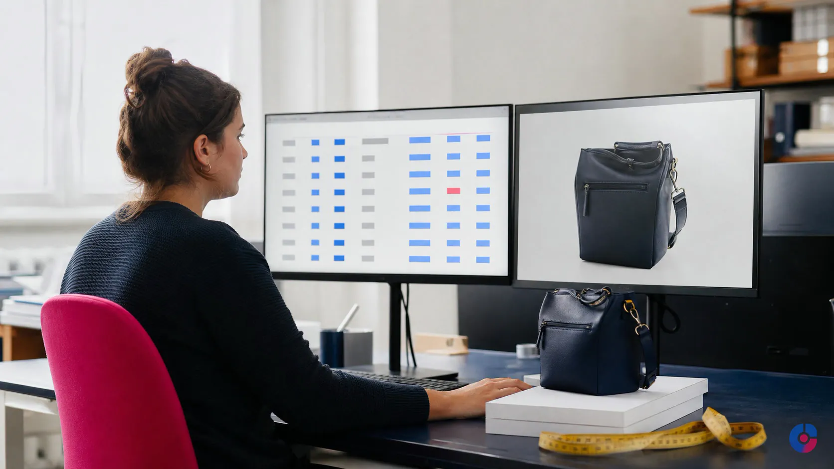 Ecommerce specialist entering product attribute data beside a physical sample product
