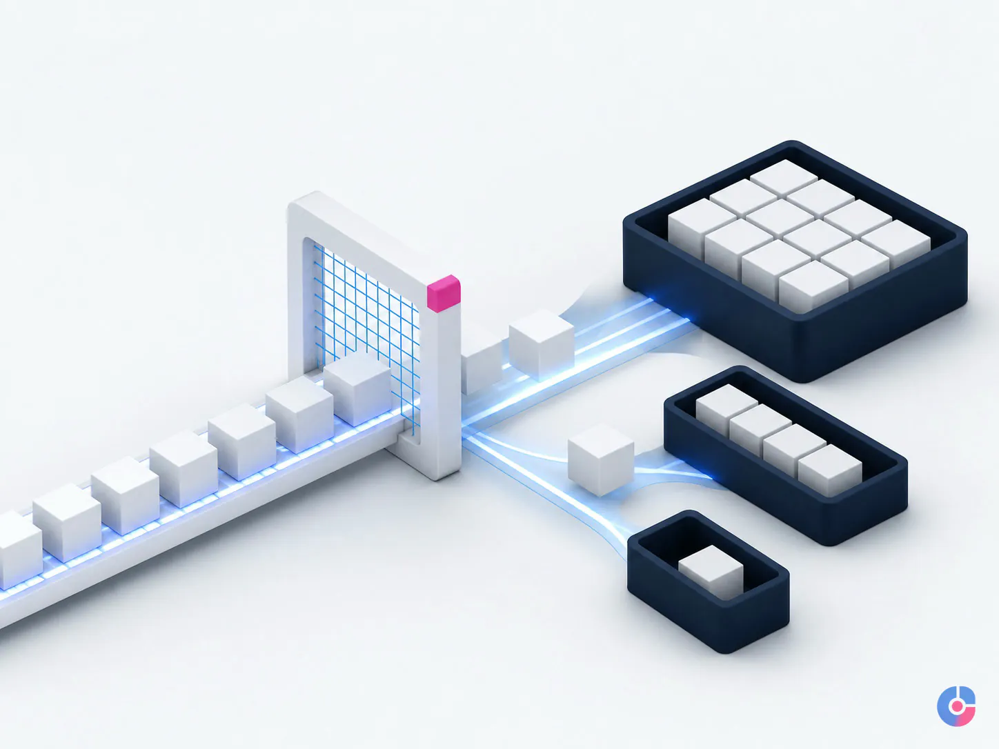 Isometric render of product feed data being filtered and sorted for shopping campaigns