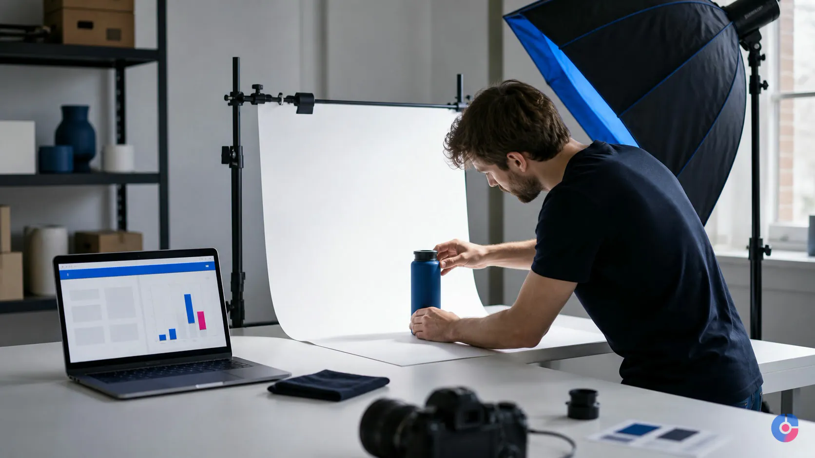 Seller preparing a product for photography while building a marketplace listing nearby